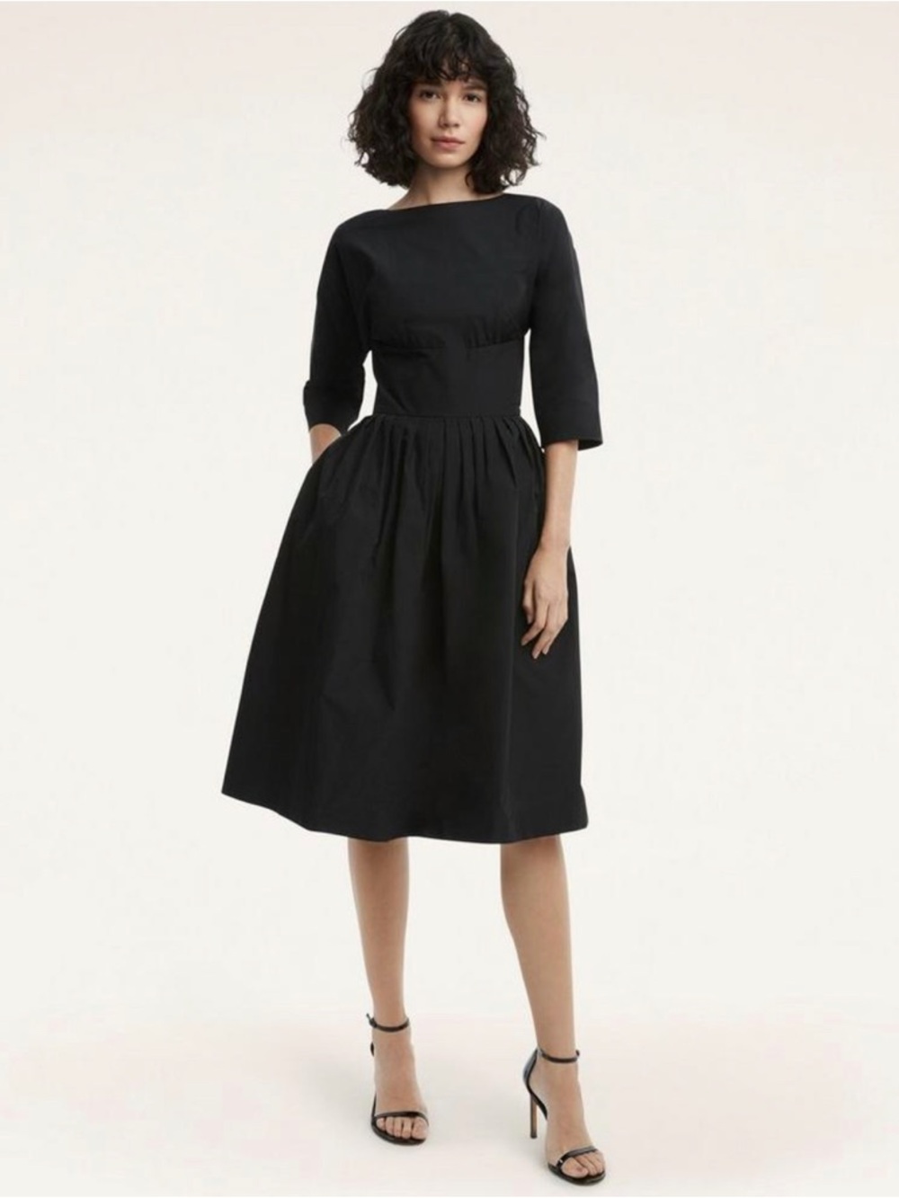 Brooks Brothers Black Midi Fit-and-Flare Dress with Three-Quarter Sleeves